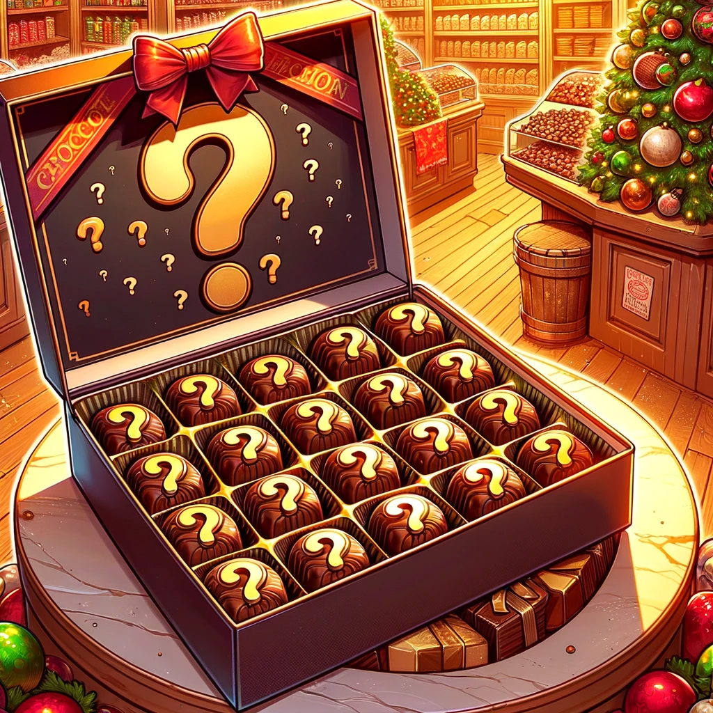 DALL·E 2023-11-27 16.34.38 - A cartoon-style image depicting an open chocolate box in a candy store, with each individual chocolate piece featuring the image of a question mark. T