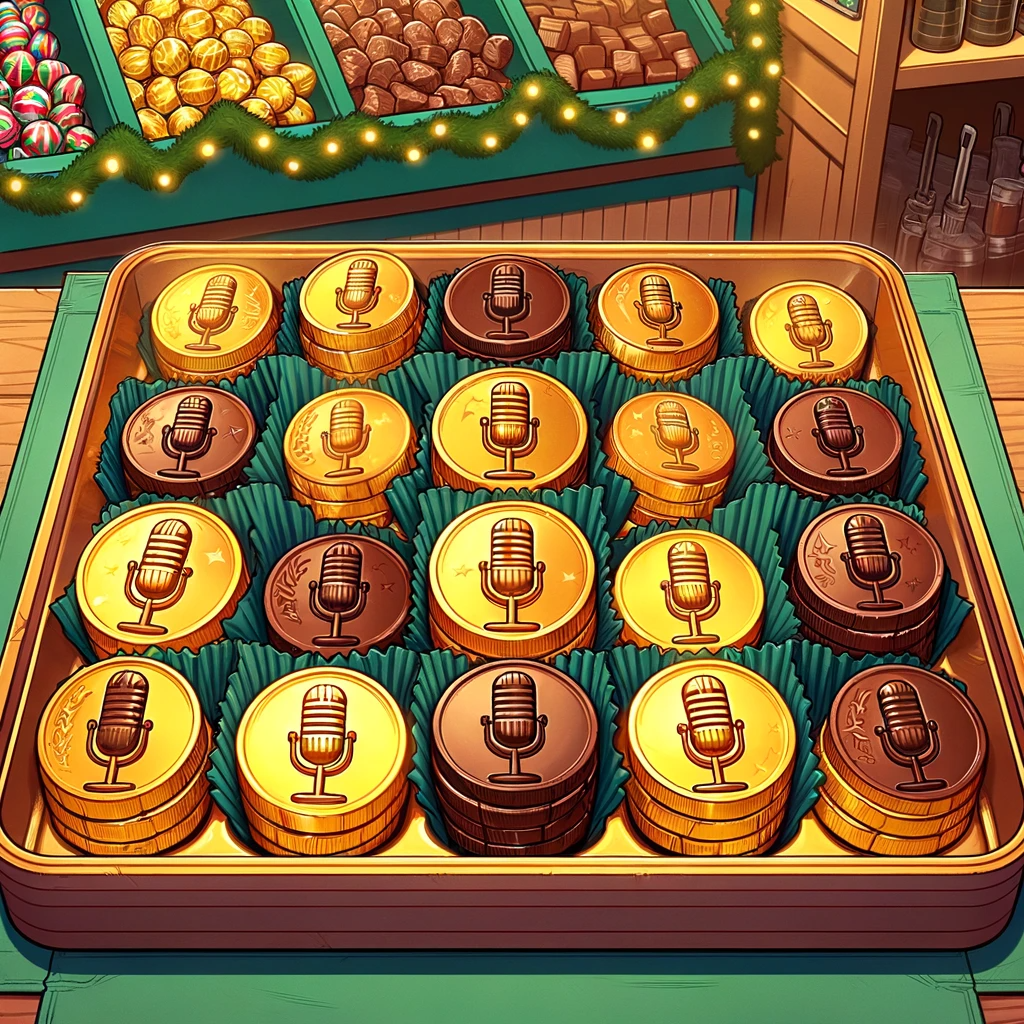 DALL·E 2023-11-27 16.34.51 - A cartoon-style image showing a candy store display with chocolate coins neatly arranged on a tray. Each coin is wrapped in gold foil featuring a sing
