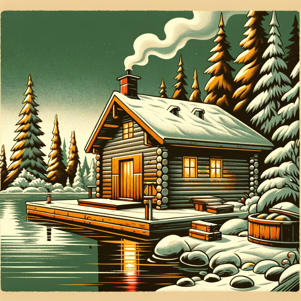 DALL·E 2023-11-23 10.56.15 - Cartoon-style image of a Finnish sauna by the lakeside, enhanced with warmer tones of dark green, gold, white, and a touch of red. Make the image more